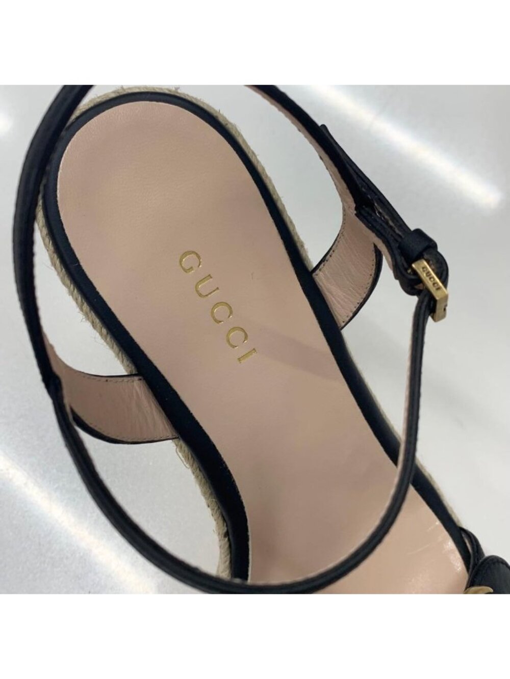 Gucci Leather Double G Wedge Sole Espadrille Sandals Black - Picture 9 of 11